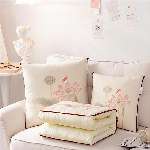 Surwin Reisedecke Kissen 2 In 1,Lotus Blume Muster Flugzeug/Auto Kissen Decke Verwandlungskissen Decke mit Reißverschluss, Mikrofaser Steppdecke Zierkissen Wohndecke (150x195cm,Rote Libelle)