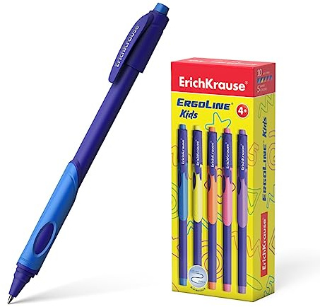 Erich Krause Kugelschreiber 0,35mm 10 Stück Blau - einfaches und weiches Schreiben - schlanke Form mit ergonomischer Fingerauflage - Kulis & Schulbedarf - mit Gummigriff - ErgoLine Kids