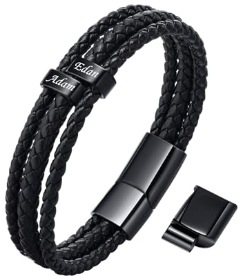 TempBeau Armband Herren Personalisierte Geschenke : Papa Lederarmband Schwarz Silber Leder Armkette Länge Einstellbar Opa Armbänder Schwarz Silber für Männer Daddy Freund Modeschmuck Vatertag (2Name)