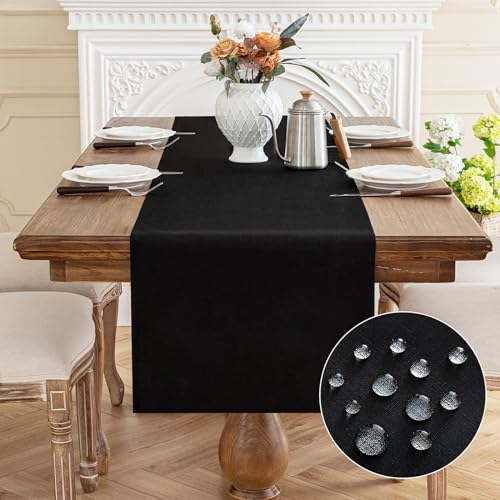 AooHome Tischläufer Schwarz 40X140cm, Tischdeko Leinen-Optik Abwaschbar Tischband aus Polyester Wasserabweisend mit Lotuseffekt, Dauerhaft Kratzfest für Esszimmer Hochzeiten Party Weihnachten
