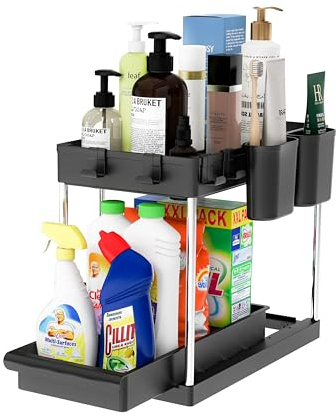 ONEPLAS Organizador Cocina 2 Niveles para Debajo del Fregadero Acero INOX - Organizador Extraíble Estante Almacenamiento Debajo Fregadero con 4 Ganchos, Negro.