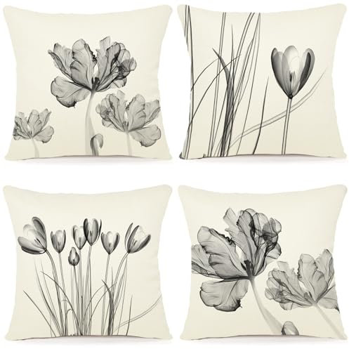 ZWJD Blumen Kissenbezug 40x40 4er Set Outdoor Kissen Dekokissen Leinen Kissenhülle Kissenbezüge Florales Aquarellgemälde Kissenhüllen für Sofa Wohnzimmer Zierkissen 40x40cm