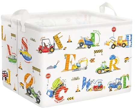 Clastyle 36L Groß Buchstabe Baufahrzeug Bagger Kinder Aufbewahrungskorb mit Henkel Weiß Rechteckig Spielzeug Kleidung Aufbewahrungsbox für Kinderzimmer Bad