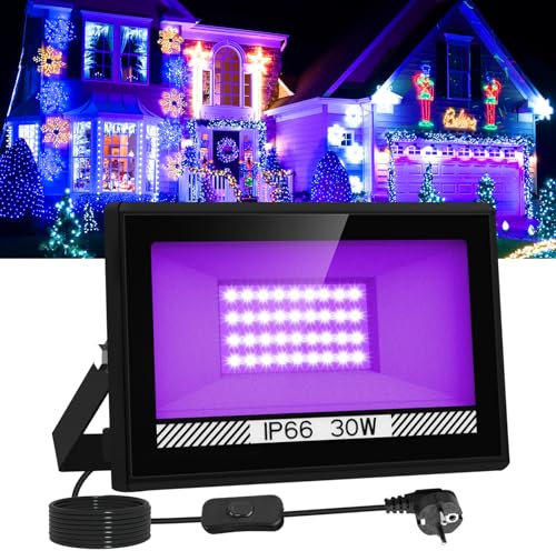 Lumière Noire LED 30W, T-SUNUS Projecteur UV LED 400-405NM Projecteur UV Extérieur IP66 Étanche pour Soirée Peinture Halloween Fête