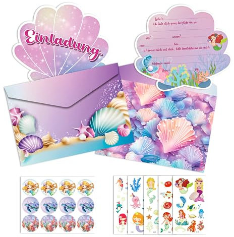 Ghope 12 Einladungskarten zum Kindergeburtstag Mädchen Meerjungfrau Muscheln Geburtstagseinladungen mit Umschlägen und Aufklebern, 4 Meerjungfrau Tattoo Aufkleber Kinder Geburtstagsfeier Party