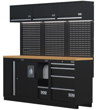 Sogi ARR-OFF-2040-L Arredamento modulare in lamiera per officina e garage - piano in legno - 2040x465x2000 mm