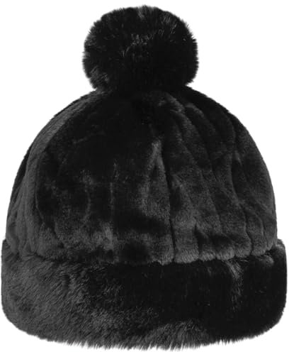 Seeberger Fake Fur Bommelmütze Fleecemütze Wintermütze Damenmütze Beanie Damen - mit Futter Winter Herbst-Winter - S (54-55 cm) schwarz
