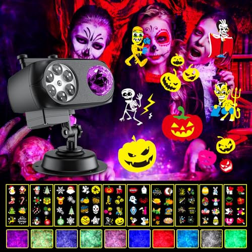 OBEST Proiettore LED Luci di Natale, 2 in 1 Esterni ed Interni Impermeabile per Halloween, Fiocchi di Neve con 10 Foglio 80 HD Motivi 10 Effetti Ondulati per Natale, Feste