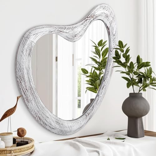 HLFMVWE Miroir mural décoratif moderne irrégulier asymétrique en bois de forme unique pour salon, chambre à coucher, entrée, salle de bain, couloir, maison – Grand 50 x 40 cm, blanc rustique