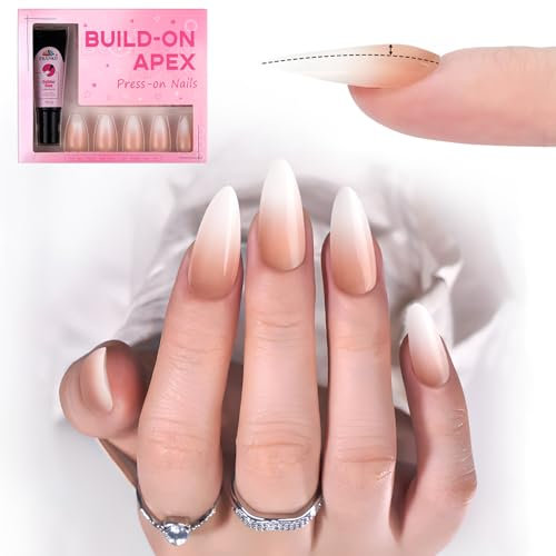 EBANKU Lot de 30 faux ongles préformés à coller en amande, couleur chair, dégradé, en gel, en acrylique épais pour ongles plats avec colle à ongles