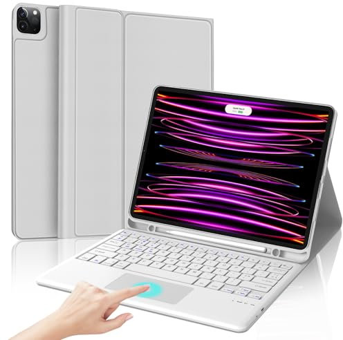 SENGBIRCH Keyboard Case for iPad Pro 12.9 2022 6th Generation / 2021 5th Generation, UK Layout Detachable Touchpad Keyboard Case for iPad Pro 12.9 Inch 2020/2018 4th Gen/3th, White Gray