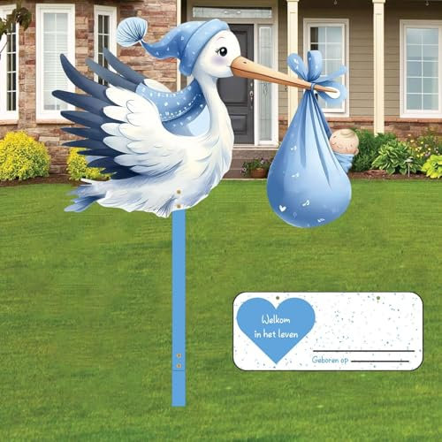 Klapperstorch Set zur Geburt Baby,81cm hoch Babystorch,Großer niedliche Holz Klapperstorch für Baby,Beidseitig Bedruckt,Geburtsstorch inkl,Holzstab+ Namensschild Grußkarte