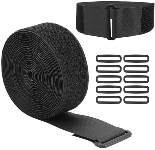 QWORK® 5m x 5cm Black Hook and Loop Straps with 10 Buckles, Cut-to-Length Reusable Cable Ties Cable Ties Fastening Straps for Cable Management & More (2in x 16.4ft)