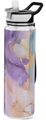 Blue Gold Marble Purple Textures Water Bottle 1L with Straw, Leakproof BPA Free Tritan Drink Bottle, Sport Water Bottle for Men Women Kids