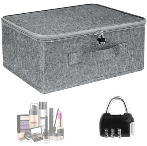 SKIKHN Caja con cerradura, caja de almacenamiento de medicamentos, caja con tapa de tela, organizador con cerradura, caja de almacenamiento con cerradura, para dulces, juguetes, 30 x 20 x 14 cm