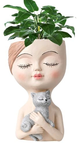 Vmiorzq Fioriera a forma di testa di ragazza, vaso a forma di testa di viso con decorazione per animali domestici, vasi per fiori succulenti con viso di donna, vaso per fiori in resina con foro di