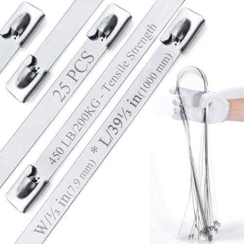Metal Cable Ties(25Pcs), 40 (1000mm) 304 Stainless Steel Zip Ties， 450LB Heavy Duty (2X Stronger) W/0.31 (7.9mm)., Heat Resistant for Exhaust Wrap/Fencing/Pipes/Auto Repair, Replace Metal Wires.