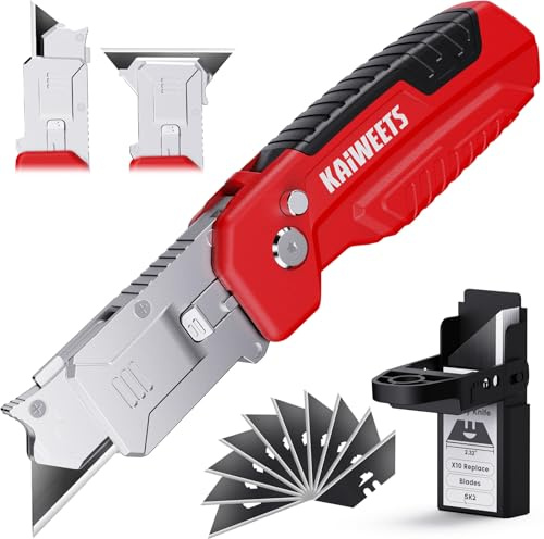 KAIWEETS Cutter 2-in-1 con Raschietto, Taglierino Pieghevole con Bloccaggio a 3 Angoli, Corpo in Lega di Zinco Robusta, incl. 13 Lame SK2 e Vano Porta-Lame, per Cartone, Tappeti, DIY, Rosso