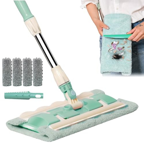 Staubmopp | Nass- und Trockenmopp mit 4 waschbaren Pads | 360-Grad drehbares Reinigungsgerät für Fliesen, Laminat, Holz sowie für Terrasse, Garage und Außenbereiche mit Teleskopstiel