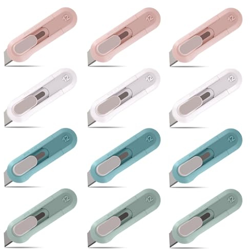 12 Stück Klein Utility Messer, Einziehbarer Mini Cuttermesser, Mini Cutter | Versenkbarer Paketöffner, Brieföffner, für Büro, Zuhause, Kunsthandwerk