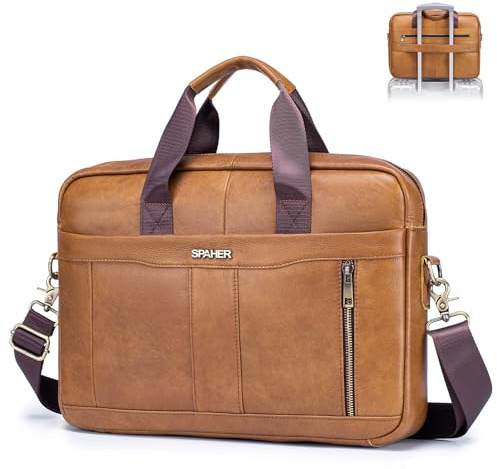 SPAHER Leder Laptoptasche 14/15,6 Zoll Aktentasche Herren Business Notebook Tasche mit Laptopfach Arbeitstasche Schultertasche Handtasche Umhängetasche Herren Messenger Laptop Bag