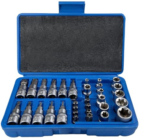 LUMITERRA 34 Pièces Coffret Douilles Torx Femelle 3/8 Profil E4-E20, Embout Torx étoilé Profil T10-T60, Adaptateur 3/8' à 5/16' CR-V Douille Etoile, Avec un étui Solide et Facile à Ranger