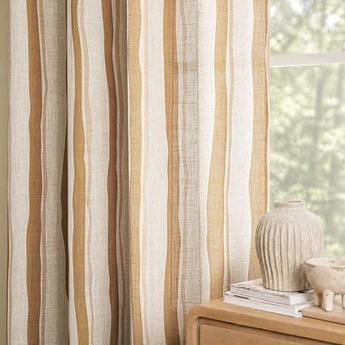 Ockergelb Vorhänge Ösen Gardinen Leinen Wellen mit Streifen-H240 x B140 cm für Vorhang Wohnzimmer Schlafzimmer Kinderzimmer Gardine Modern Ösenschal Leinenoptik Yellow Linen Curtains 2er set