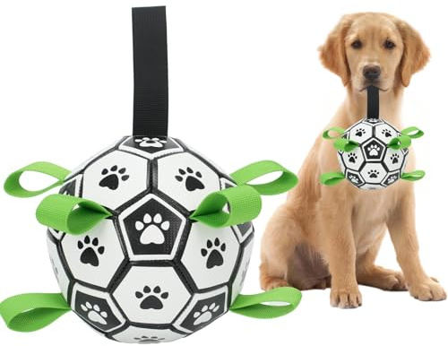 HAWAKA Dog Toys Balls, Dog Soccerball Toy with Strap, Durable High Bounce Floating, Chew Resistant Fetch & Tug Toy for Dogs, Handle Launcher, Interactive Training and Touring for Medium Large Breed