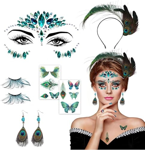 ZoneYan Pfau Kostüm Damen Set, Pfauenfeder Haarschmuck, Gesichts-Juwelen Sticker, Falsche Wimpern, Ohrringe, Temporäre Tattoos, Karneval Halloween Accessoires