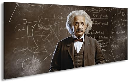 Leinwandbild Albert Einstein vor Tafel voller Formeln und Skizzen Panorama 80x40cm XXL Kunstdruck Bild auf Keilrahmen/Wandbild/Wohnzimmer Dekoration