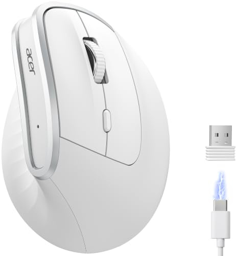 Acer Ratón ergonómico 2,4 G, ratón óptico Vertical inalámbrico 1600 dpi, ratón inalámbrico Recargable, ratón inalámbrico con Receptor USB-A para PC y portátiles, Compatible con Windows, macOS, Linux