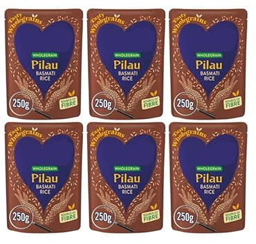 Tasty Wholegrains Wholegrain Pilau Basmati Rice, Microwave, Gluten Free, Source of Fibre, Vegan, 250g,Pack Of 6