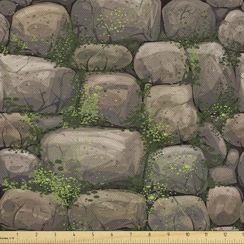 ABAKUHAUS Natur Stoff als Meterware, Steine mit Moos bedeckt, Qualitäts Stoff Polster für Wohnaccessoires, 10M (148x1000cm), Dunkle Taupe Farngrün