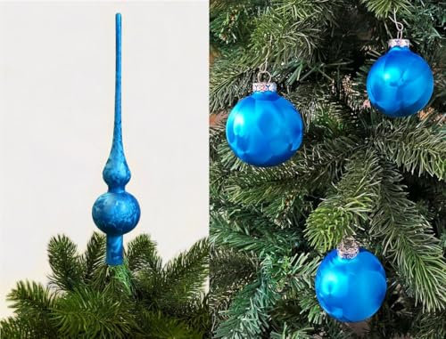 JACK by Thüringer Glas Eislack Christbaumspitze 28cm + 12x Christbaumkugeln 6cm Spitze Weihnachtskugel Set, Farbe:Meerblau