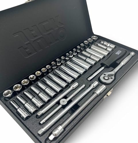 Autojack 41 Piece Socket Set 1/4 Metric & Imperial Sq Drive Ratchet Sockets Premium Quality Size 4-13mm Deep and Standard, Includes Metal Storage Case