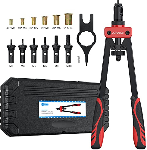 AUTOUTLET Remachadora de Tuercas, 14 Remachadora Profesional, con 150PCS Tuercas de Remache, 6 Mandriles Intercambiables M3 M4 M5 M6 M8 M10, Llave Incorporada, Alicates para Tuercas de Remache - Rojo