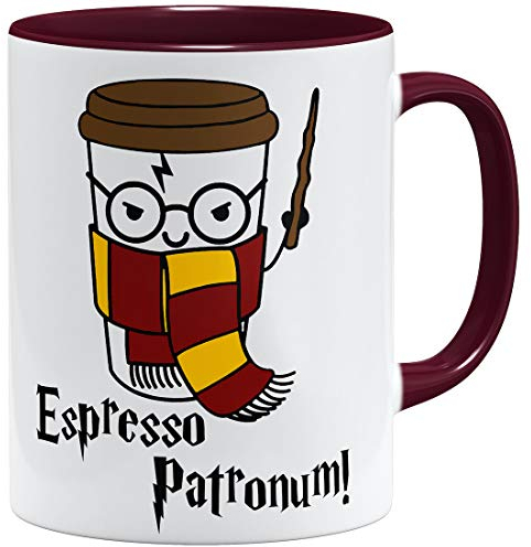 OM3® Espresso Patronum Kaffee-Tasse mit Zauberspruch | Keramik Becher | 11oz 325ml | Beidseitig Bedruckt | Bordeaux