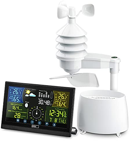Emos Stazione Meteorologica Wireless con Display a Colori Touchscreen, Sensore Esterno, Orologio Radio – Temperature Interna ed Esterna, Barometro, Previsioni Meteo, Pluviometro ed Anemometro