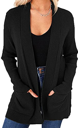 Saodimallsu Damen-Strickjacke mit offener Vorderseite, Grobstrick, weich, lässig, langärmelig, einfarbig, locker mit Tasche, Schwarz, Klein