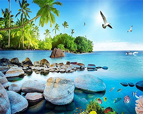 MUMUWUSG Papier Peint Mural 3D Bleu Ciel Plage Plantes Papier Peint Intissé Trompe L'Oeil Tapisserie Photo Auto-Adhésif Poster Tableaux Muraux Décoration Murale 460X280Cm