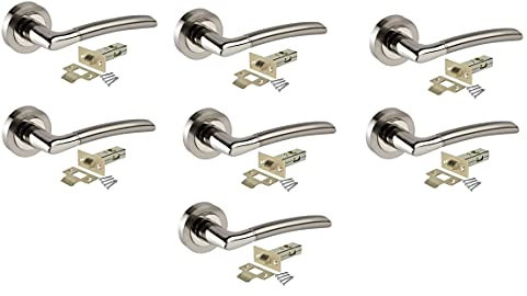 Haven Heritage Internal Chrome & Satin Duo Door Handles with Lock and Key - Bathroom Door Handles with Lock, Door Handle Sets 7 Pairs, Lever on Rose Door Handle with Tubular Latch Diameter Approx 52mm
