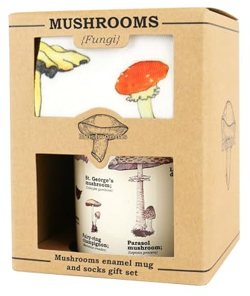 Gift Republic Mushroom Gift Set - Mushroom Enamel Mug and Fungi Socks Set. Foragers Outdoor Gift Idea