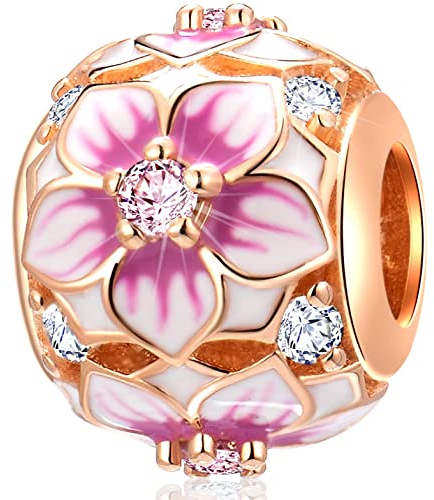 Rose Gold Magnolia Bloom Charms, fit Pandora First Mothers Day Bracelet, 925 Sterling Silver Enamel Flower Beads with CZ, Gift for Spring/Grandma/Best Mum/Friend/Valentines