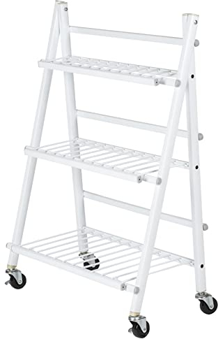 Maximex Blumen- u Kräutertreppe faltbar Metall - Platzsparende Blumen- und Kräutertreppe mit 4 bewegbaren Rollen, Stahl, 60 x 30 x 75 cm, Weiß
