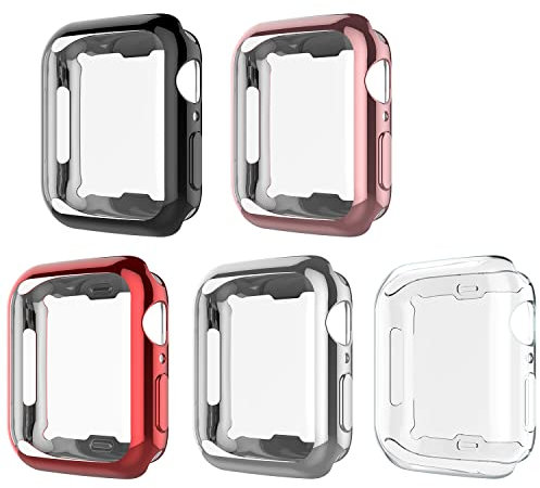 APRLIITY [5 Pezzi Cover Apple Watch Series 3/2/1 38mm, Custodia Protettiva per Schermo in TPU Trasparente per Apple Watch (Trasparente+Nero+Rosa+Argento+Rosso) (38MM)