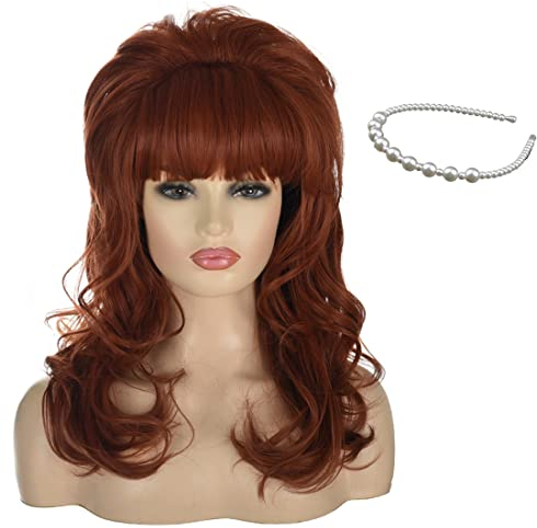 Beehive Retro Vintage Perücke mit Perlen Stirnband, ATAYOU Lange Ingwer Rot Perücke 80er Jahre Bouffant Vintage Perücken Damen Halloween Cosplay Weinrot Perücke(718)