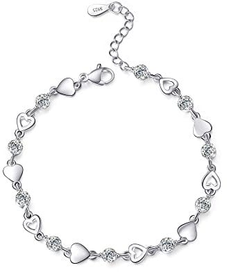 EXGOX Sterling Silver Bracelet for Women Dainty 925 Silver Heart Bracelet Shiny Crystal Diamond Adjustable Love Heart Bracelet for Women Girls