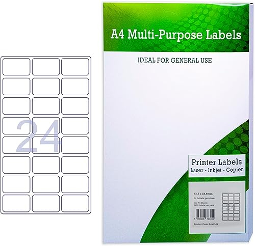 Thomas Stoner Adress-Etiketten, selbstklebend, A4, bedruckbares Aufkleberpapier, 24 Etiketten pro Blatt, 100 Blatt, 63,5 mm x 33,9, 2400 Etiketten