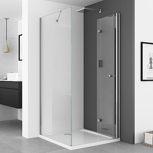 IMPTS Duschkabine 80 x 90 cm Duschtür Falttür mit 90cm Seitenwand Duschabtrennung 6mm ESG Sicherheitsglas 185cm Höhe, INKL Duschwanne & Ablauf