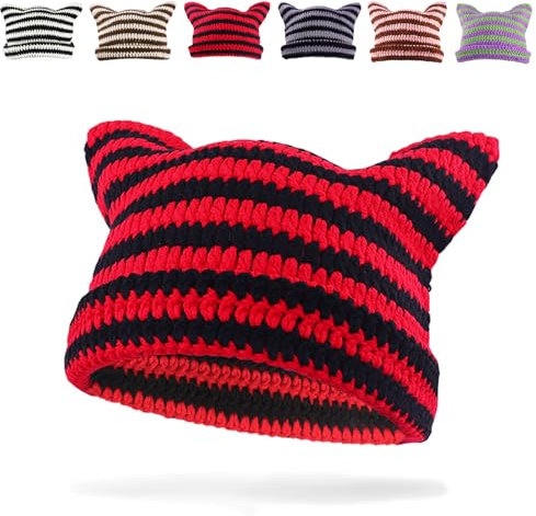 GLGHMH Beanie-Mütze für Damen, Winter, warm, elastisch, Katzenohrenkappe, trendige Strickmütze für Erwachsene und Kinder, schwarz / rot, 58